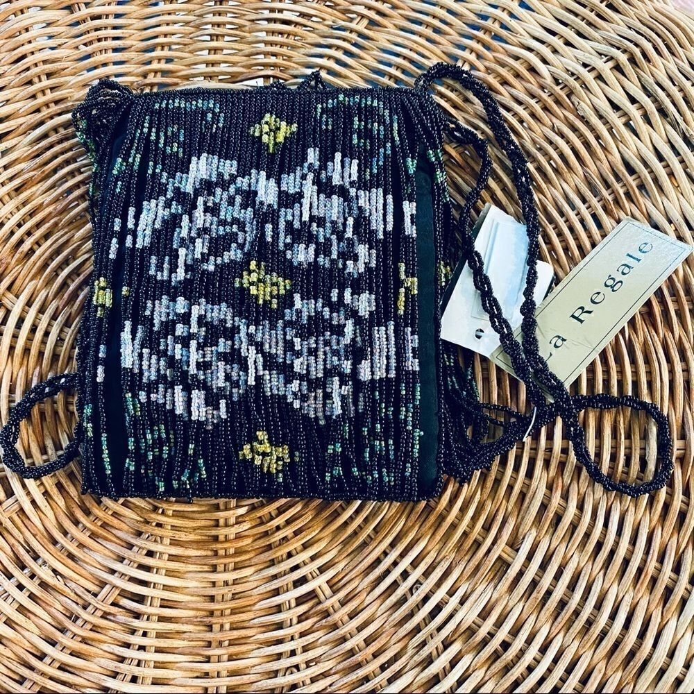 NWT La Regale black vintage beaded green pink yellow floral clutch purse bag